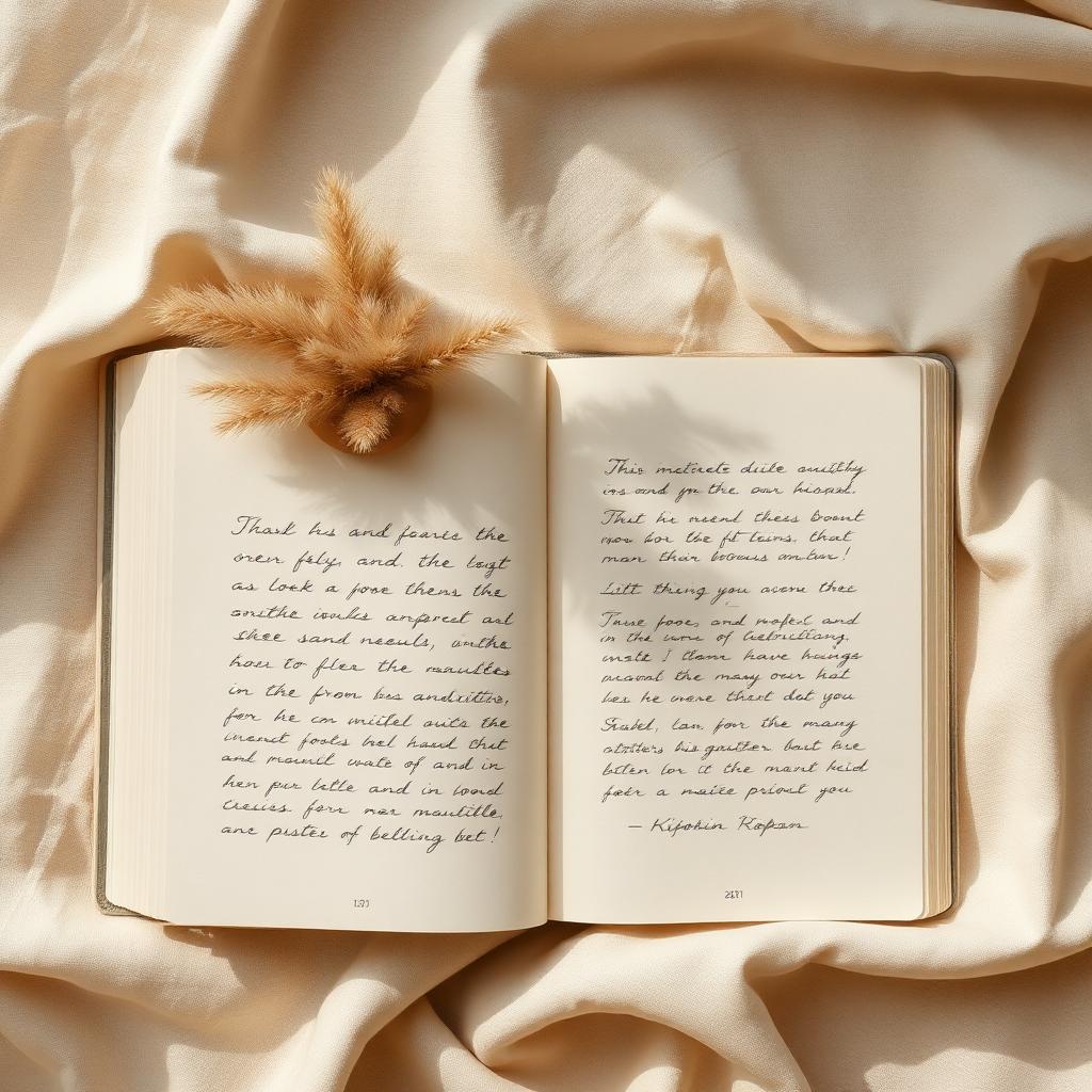 An open journal on cream linen with dried pampas