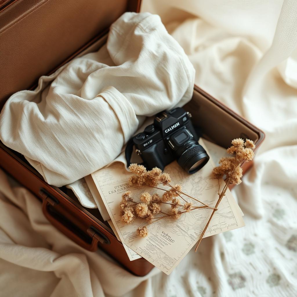 Vintage suitcase with linen and a film camera